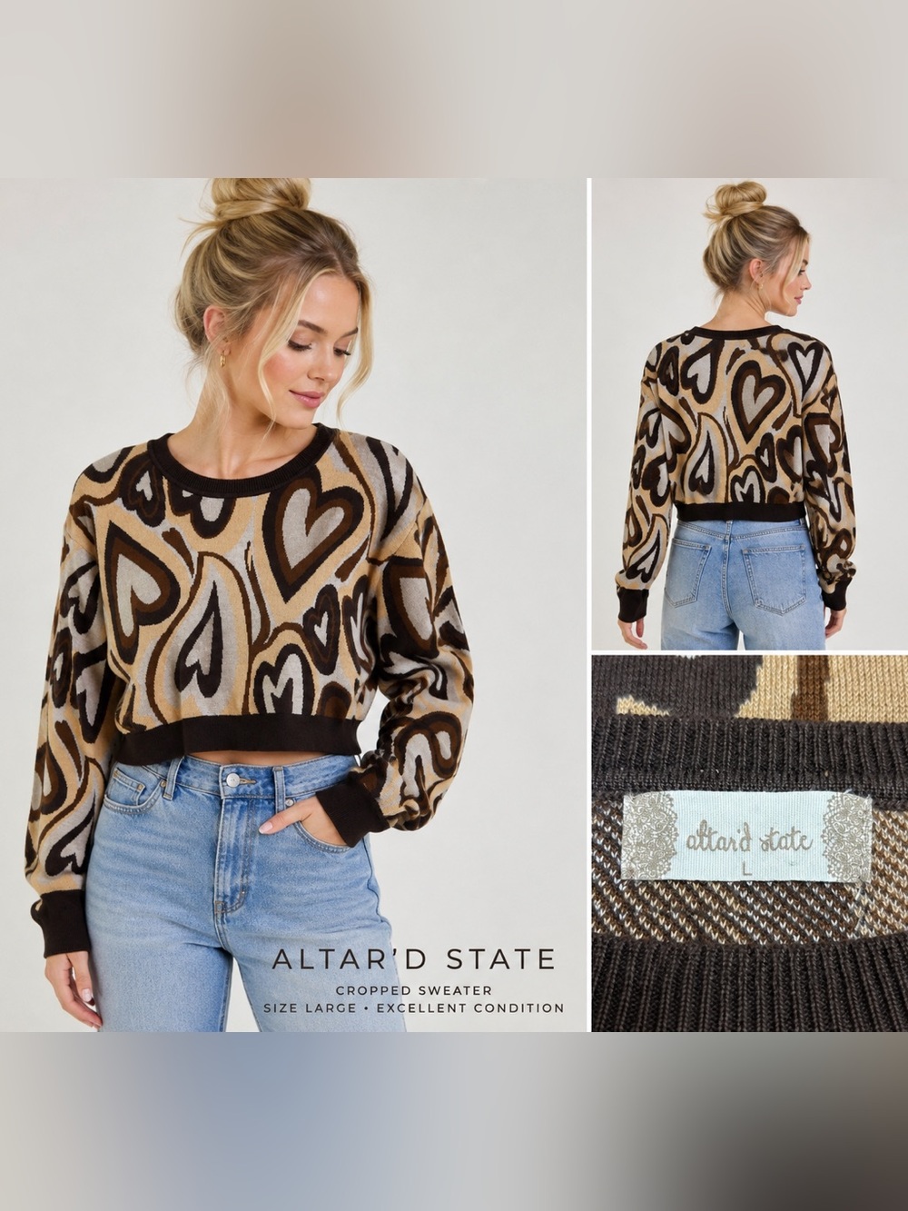 Altar’d State Cropped Heart Print Sweater Brown Tan Cream Size Large